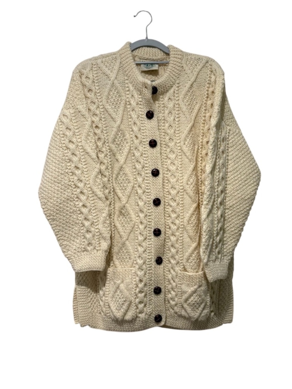 Blarney Woollen Mills Handknit Aran Cardigan 100% Wool Cream Ireland Pockets
